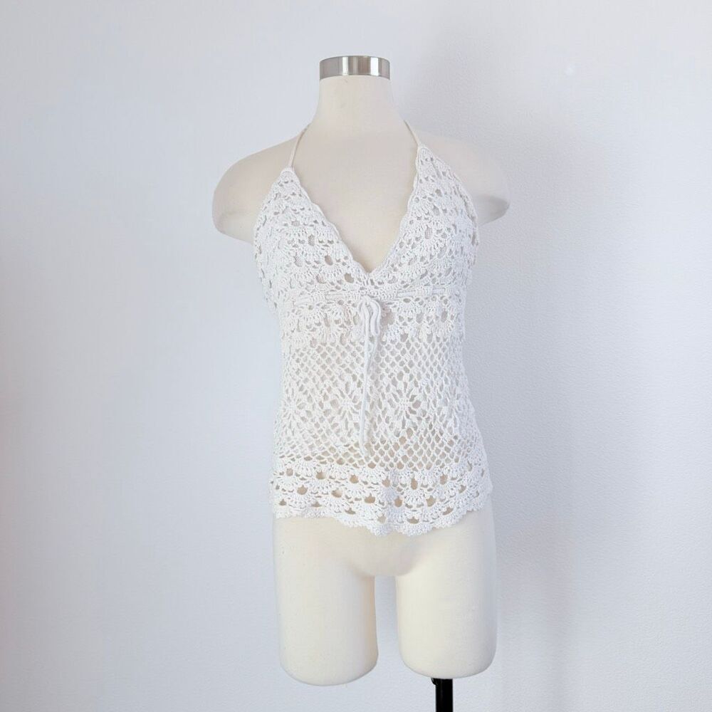 Newport News White Knit Crochet Halter Tank Top Boho Knitted V Neck Medium